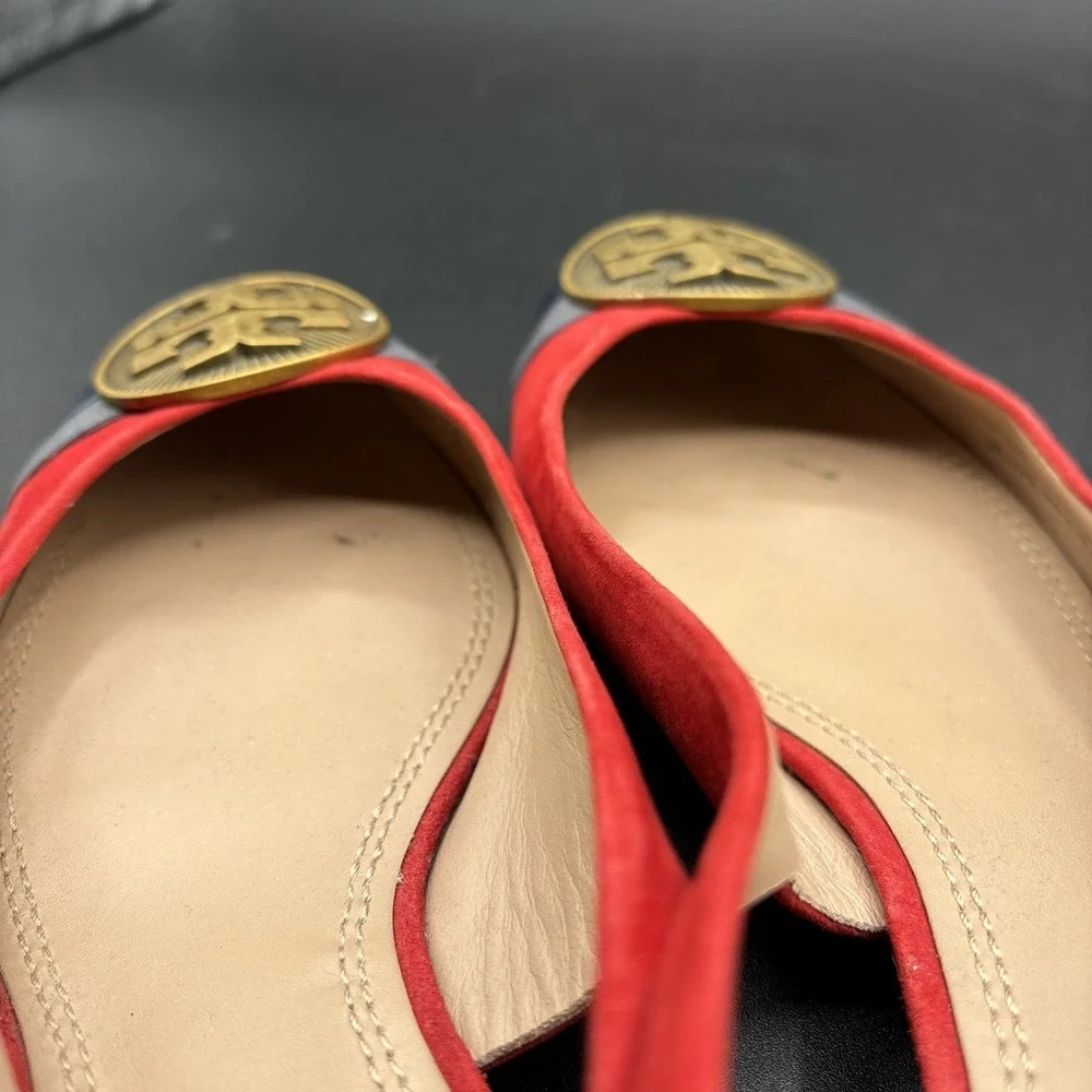 Tory Burch Alastair Slingback Heels Women's 7.5 Red Suede Classic Logo Medallion